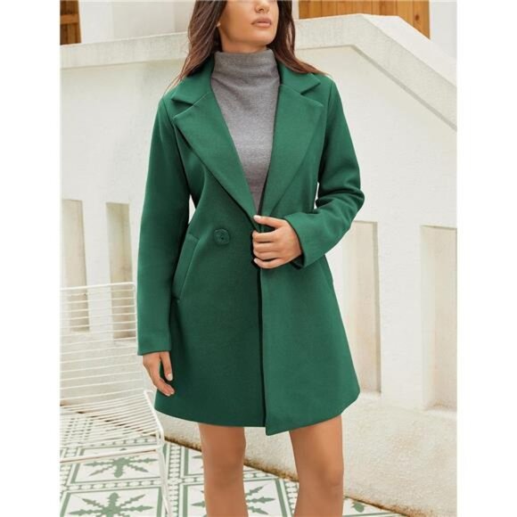 Women's Wool Pea Coat Notched Collar Double Breasted Green